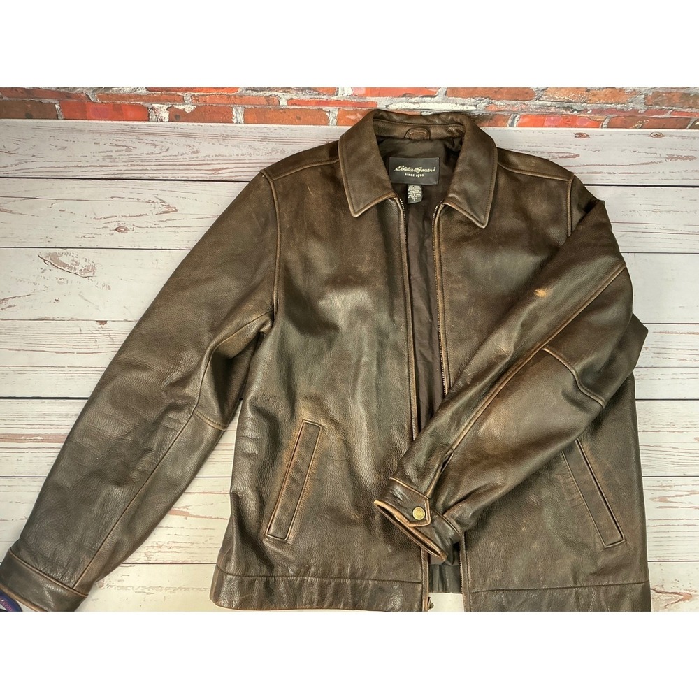 Vintage Eddie Bauer Mens Brown Distressed Leather Jacket Large Tall Quilted